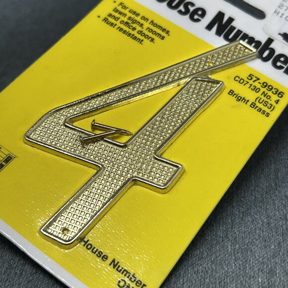 Vintage Stanley House Number 4 Brass Finish 4" Metal Sign NOS Packaged 57-9936 - Picture 5 of 7